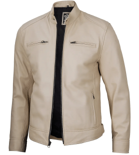 Dodge Men's Beige Leather Cafe Racer Jacket